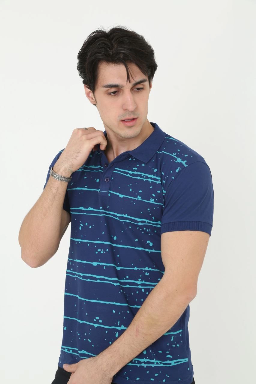 Erkek Pike Yakalı tişort Slim Fit Baskılı Kısa kol T-Shirt  - Mavi