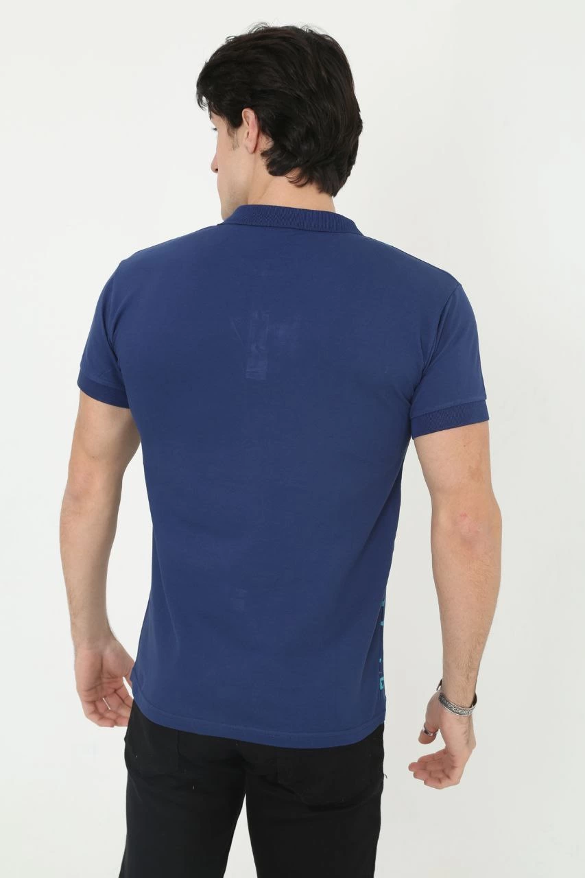 Erkek Pike Yakalı tişort Slim Fit Baskılı Kısa kol T-Shirt  - Mavi