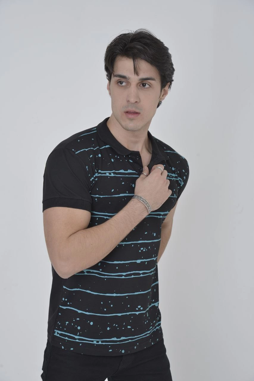 Erkek Pike Yakalı tişort Slim Fit Baskılı Kısa kol T-Shirt - Siyah