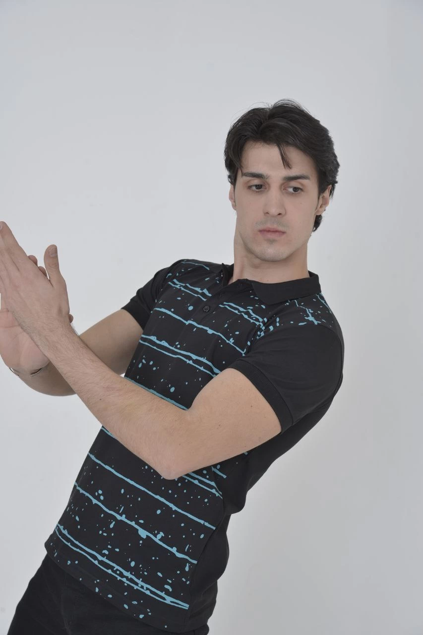 Erkek Pike Yakalı tişort Slim Fit Baskılı Kısa kol T-Shirt - Siyah