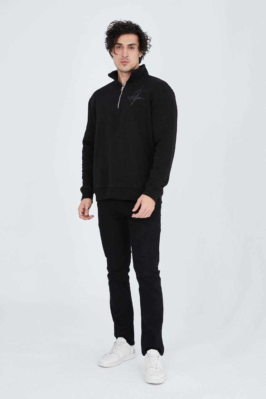Erkek Yarım Fermuarlı Baskılı  üç iplik pamuklu sweatshirt   - Siyah