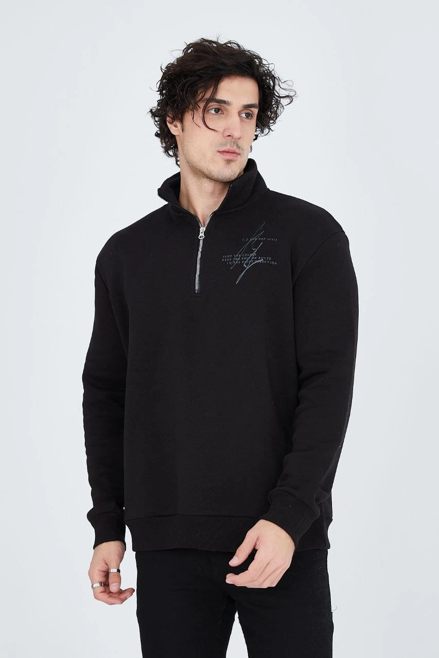 Erkek Yarım Fermuarlı Baskılı  üç iplik pamuklu sweatshirt   - Siyah
