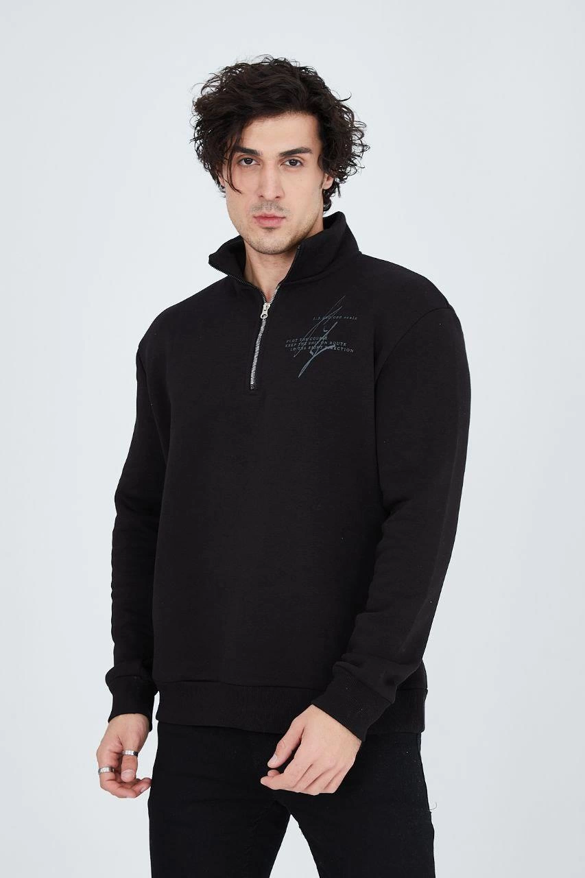 Erkek Yarım Fermuarlı Baskılı  üç iplik pamuklu sweatshirt   - Siyah