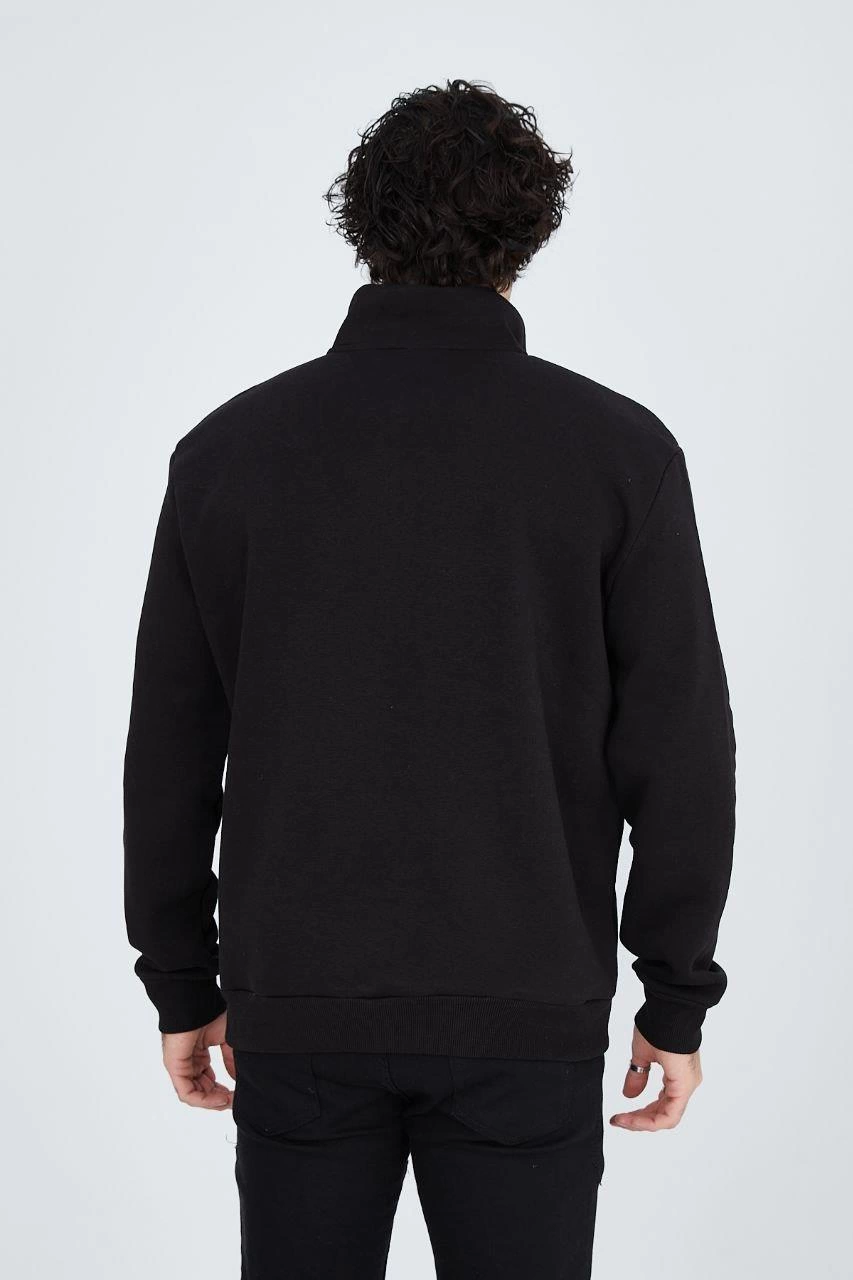 Erkek Yarım Fermuarlı Baskılı  üç iplik pamuklu sweatshirt   - Siyah