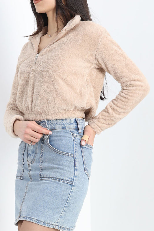 Fermuarlı Crop Peluş Sweat Bej - 9060.1153.