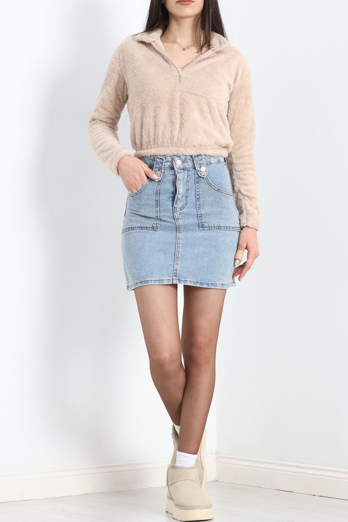 Fermuarlı Crop Peluş Sweat Bej - 9060.1153.