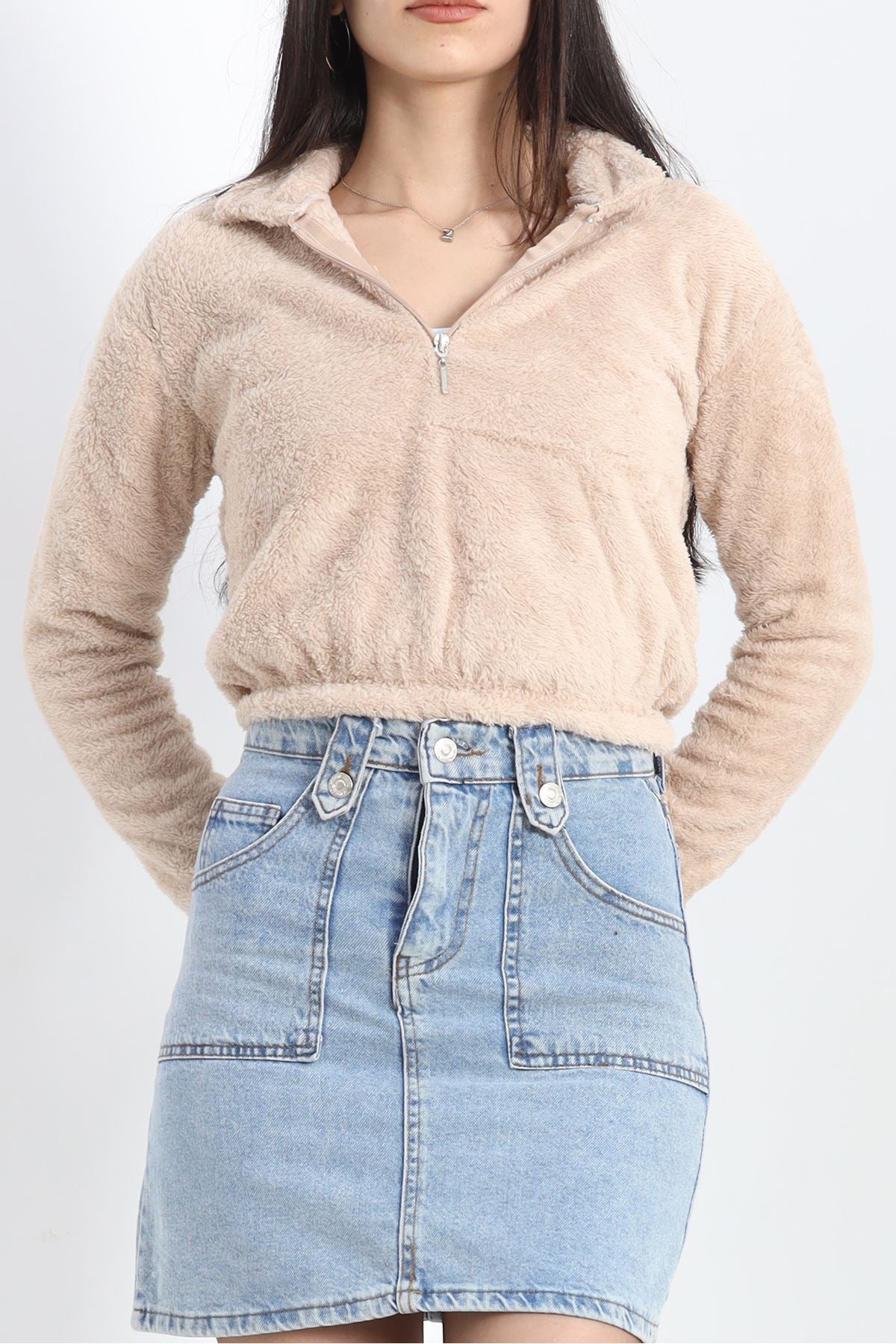 Fermuarlı Crop Peluş Sweat Bej - 9060.1153.