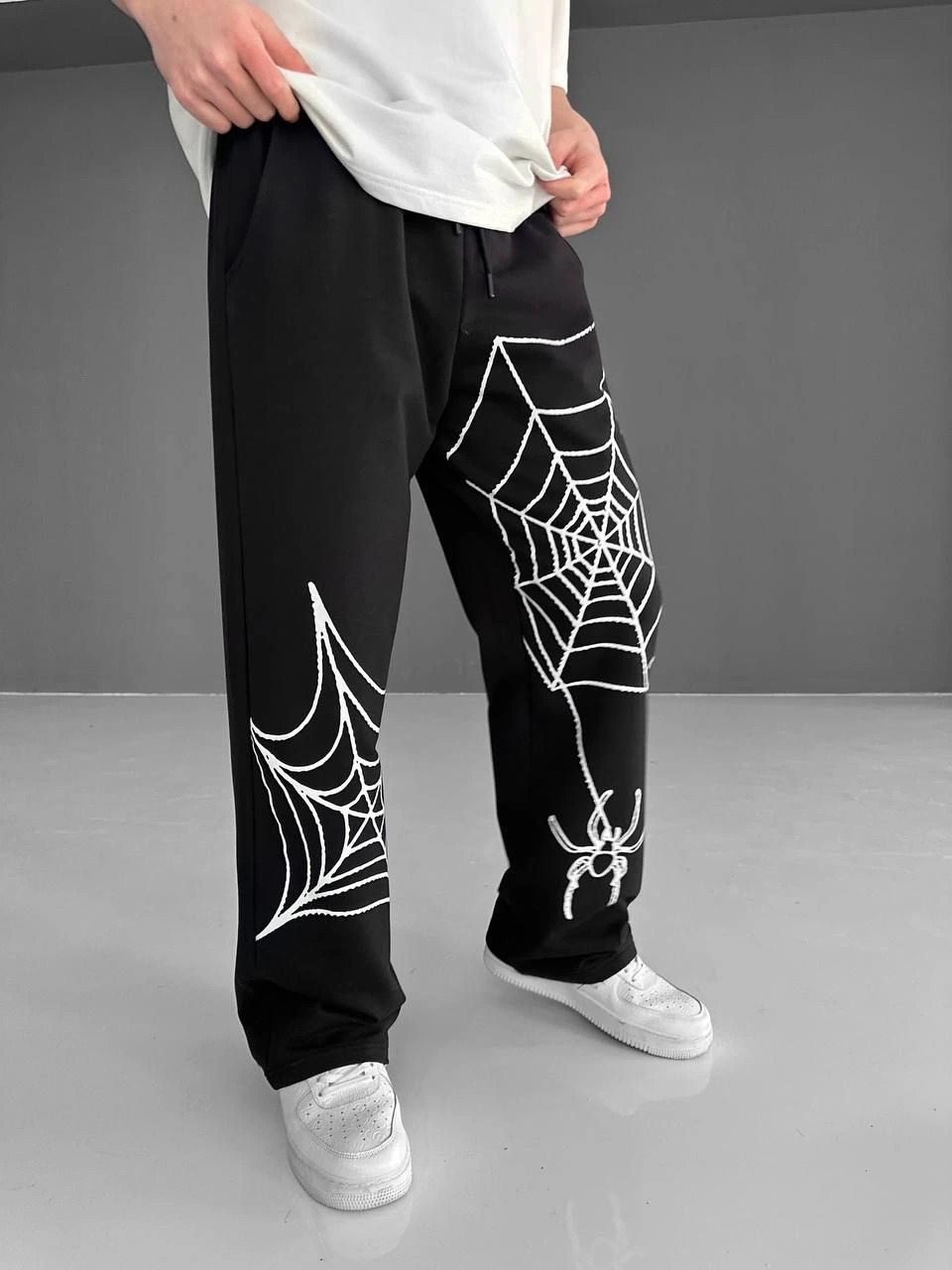 Erkek İki İplik Kumaş Örümcek Baskılı Esofman pantalon - Siyah