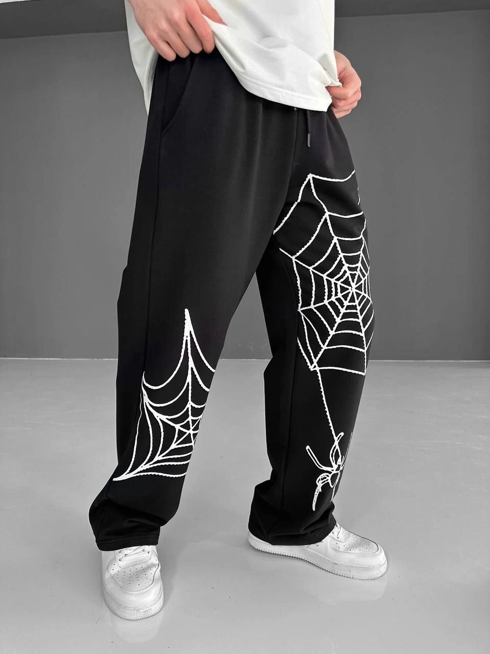 Erkek İki İplik Kumaş Örümcek Baskılı Esofman pantalon - Siyah