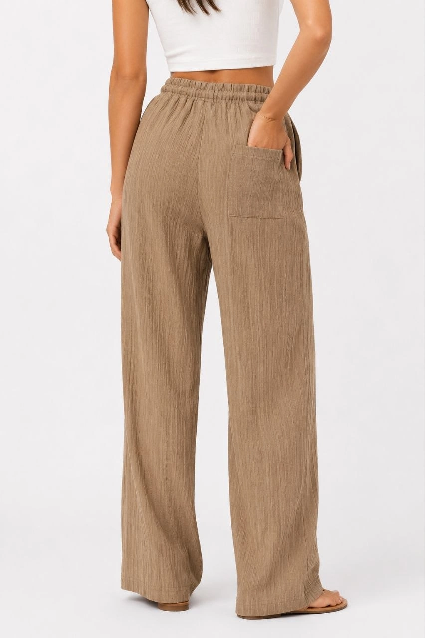 Kadın 2'li Bürümcük Kumaş Beli Lastikli Bağcıklı Bol Paça Pantolon - Beyaz/Vizon