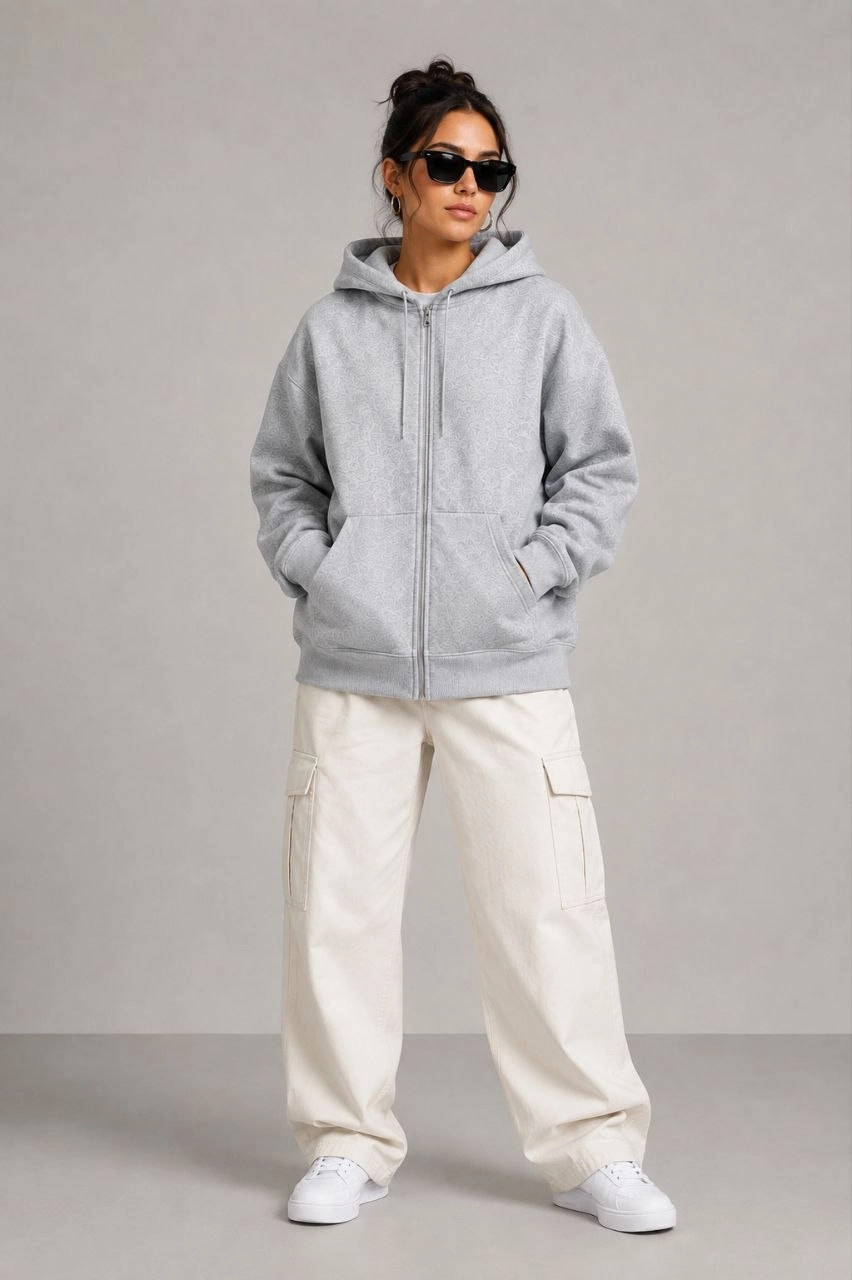 Kadın 3 İplik Şardonlu Tam Fermuarlı Kapüşonlu Arka Çanta Detaylı Sweatshirt - Gri
