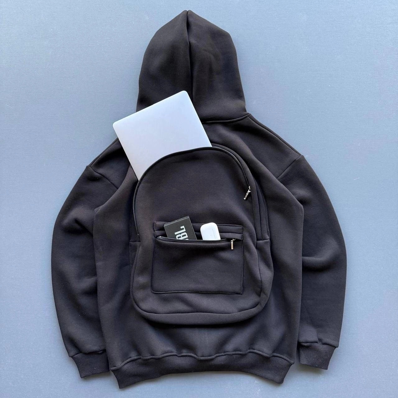 Kadın 3 İplik Şardonlu Tam Fermuarlı Kapüşonlu Arka Çanta Detaylı Sweatshirt - Siyah