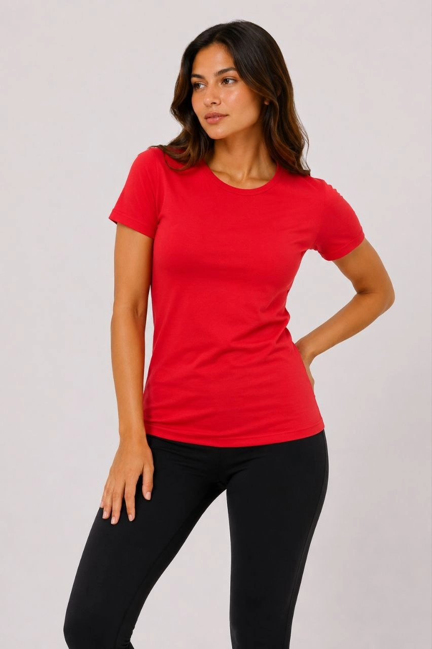 Kadın 3 lü Kısa Kollu Bisiklet Yaka Basic Slim Fit T-Shirt - Kırmızı - Mavi - Turuncu