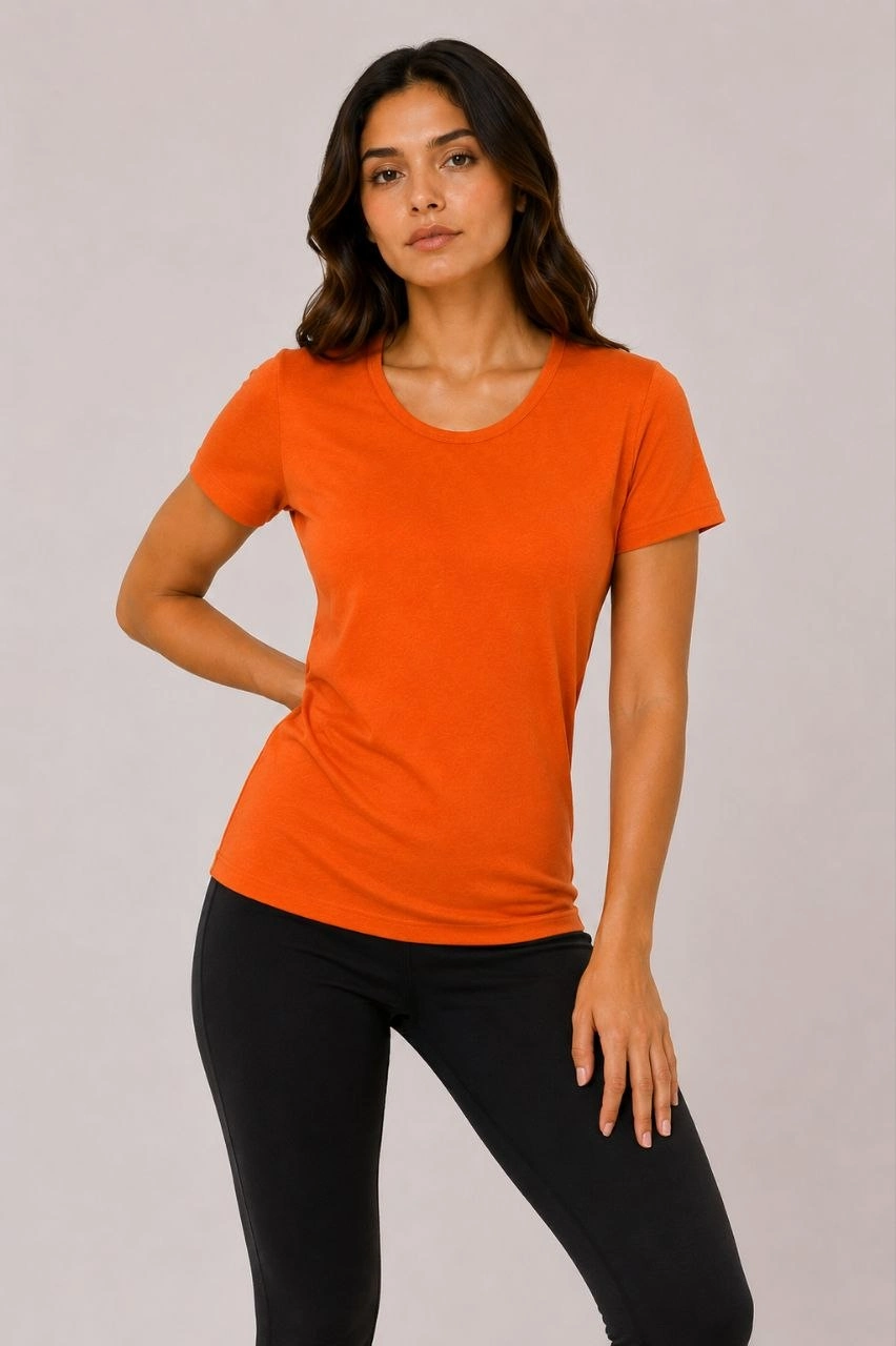 Kadın 3 lü Kısa Kollu Bisiklet Yaka Basic Slim Fit T-Shirt - Kırmızı - Mavi - Turuncu