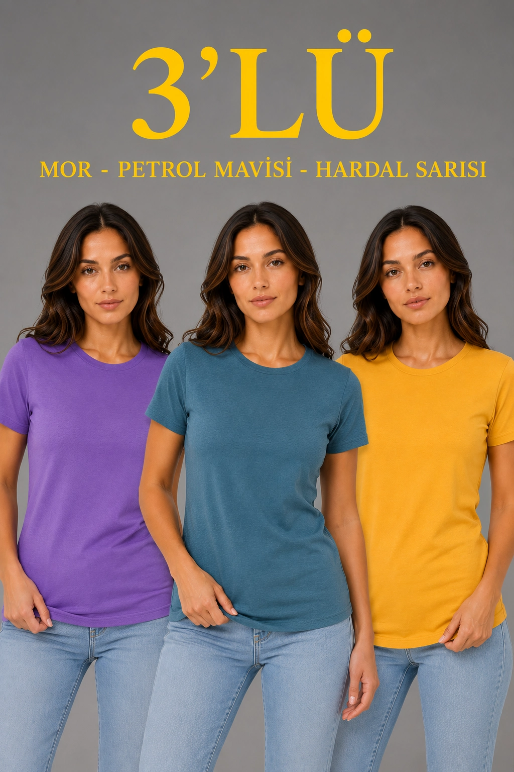 Kadın 3 lü Kısa Kollu Bisiklet Yaka Basic Slim Fit T-Shirt - Mor - Petrol Mavisi - Hardal
