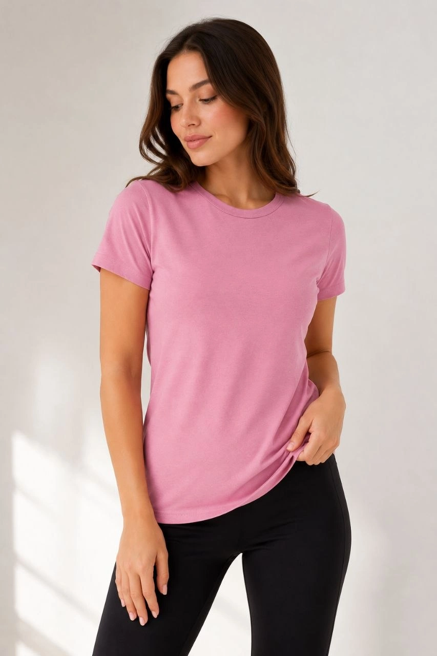 Kadın 3 lü Kısa Kollu Bisiklet Yaka Basic Slim Fit T-Shirt - Pudra Pembe - Mor - Bej