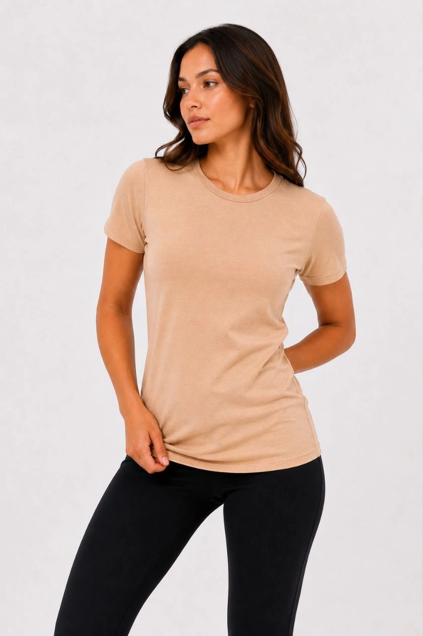 Kadın 3 lü Kısa Kollu Bisiklet Yaka Basic Slim Fit T-Shirt - Turuncu - Bej - Hardal