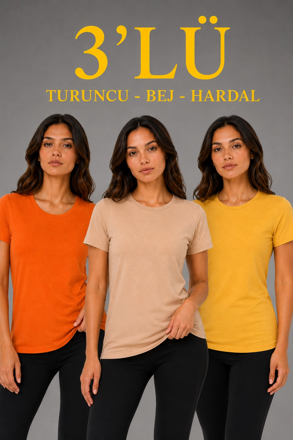Kadın 3 lü Kısa Kollu Bisiklet Yaka Basic Slim Fit T-Shirt - Turuncu - Bej - Hardal
