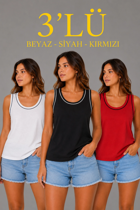 Kadın 3 lü Kolsuz Sporcu Atlet Seti Yazlık Bisiklet Yakalı - Beyaz, Siyah, Kırmızı