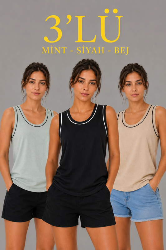 Kadın 3 lü Kolsuz Sporcu Atlet Seti Yazlık Bisiklet Yakalı - Mint Yeşili, Siyah, Bej