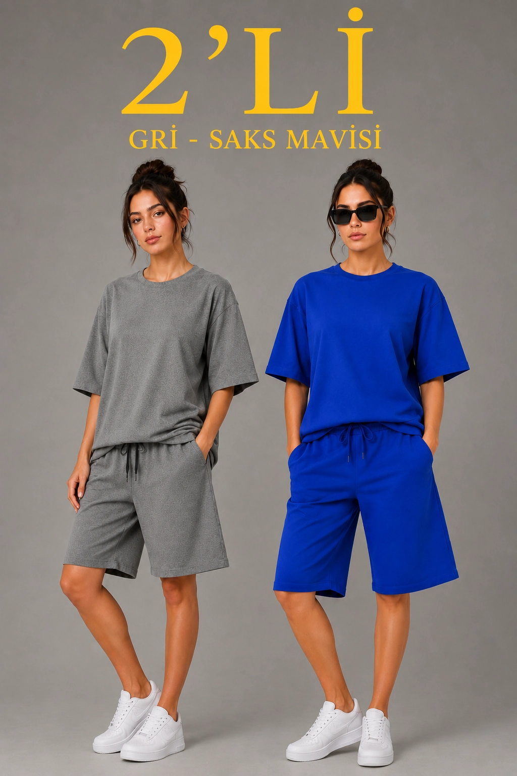 Kadın 2 li Oversize Tişört Şort Takım Seti Yazlık İki İplik Kumaş - Gri, Saks Mavisi