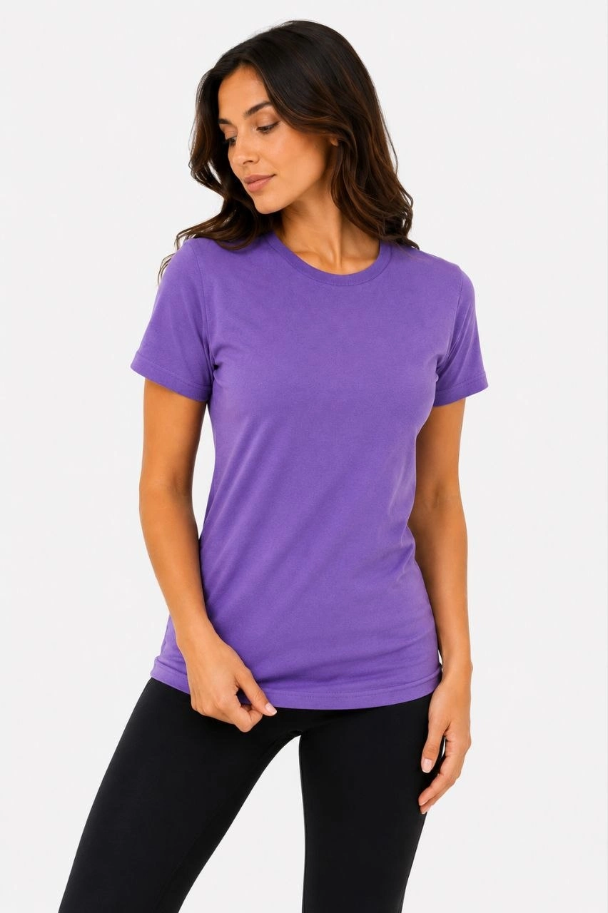 Kadın Basic Bisiklet Yaka Yazlık Slim fit T-Shirt - Mor  & Turuncu