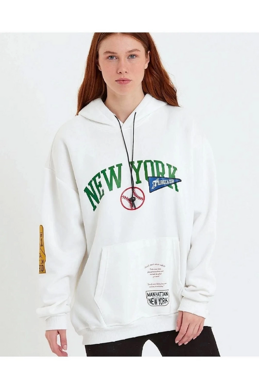 Kadın Baskılı Kapüşonlu  üç iplik pamuklu Sweatshirt - Beyaz