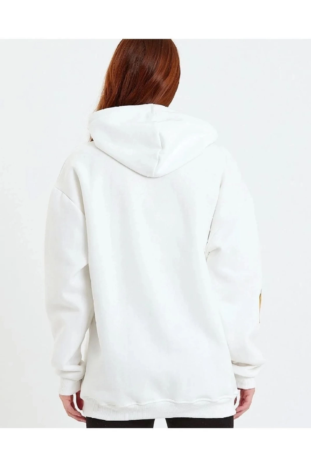 Kadın Baskılı Kapüşonlu  üç iplik pamuklu Sweatshirt - Beyaz