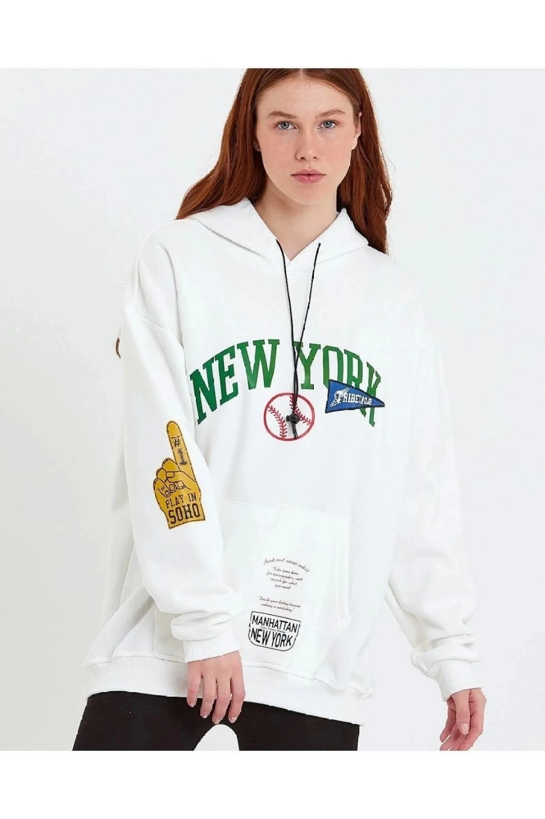Kadın Baskılı Kapüşonlu  üç iplik pamuklu Sweatshirt - Beyaz