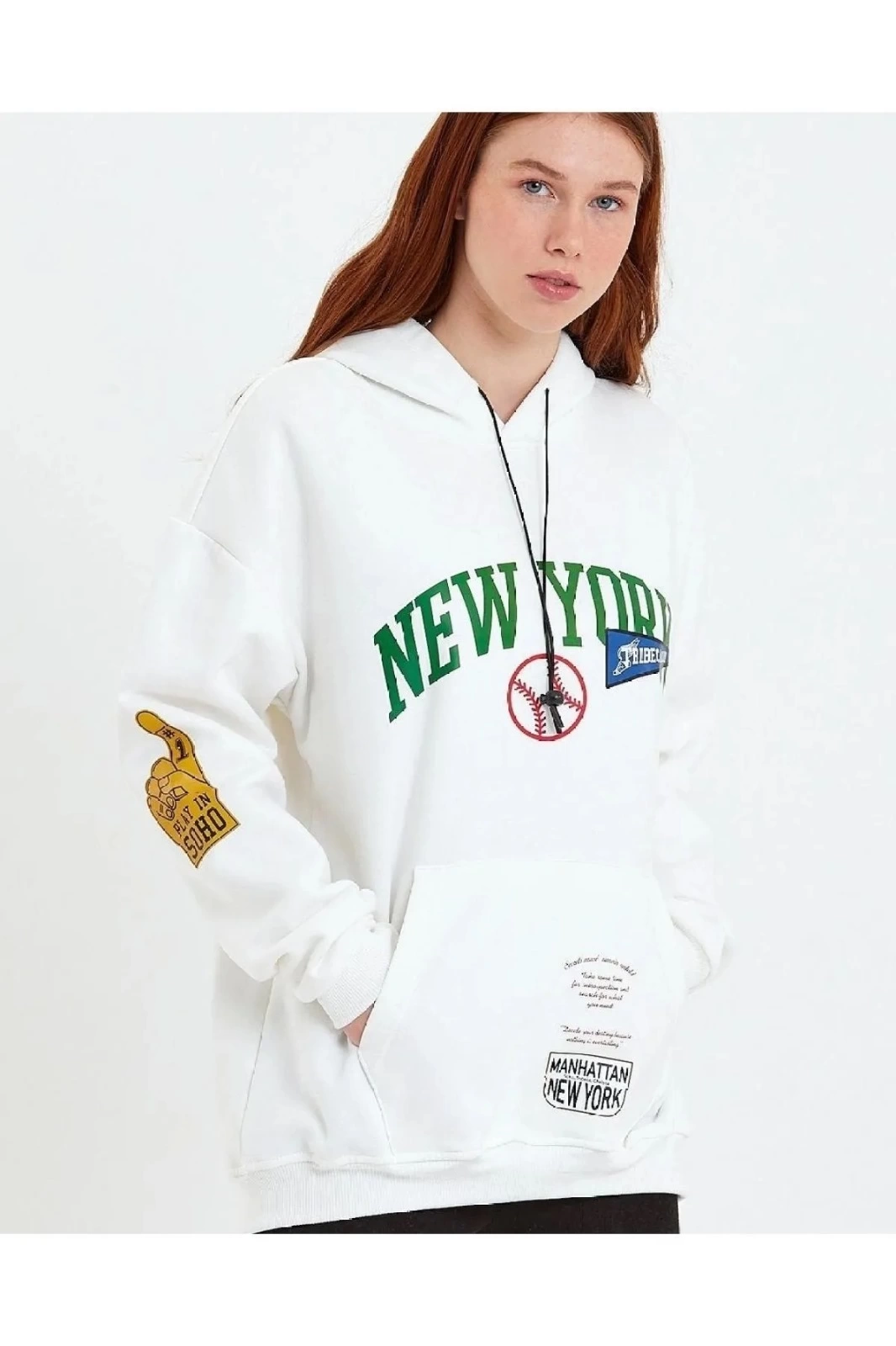 Kadın Baskılı Kapüşonlu  üç iplik pamuklu Sweatshirt - Beyaz