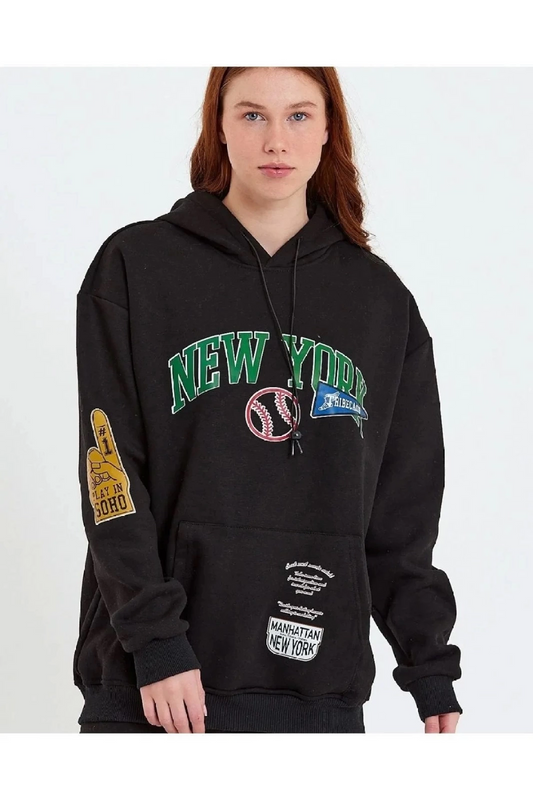 Kadın Baskılı Kapüşonlu  üç iplik pamuklu Sweatshirt - Siyah