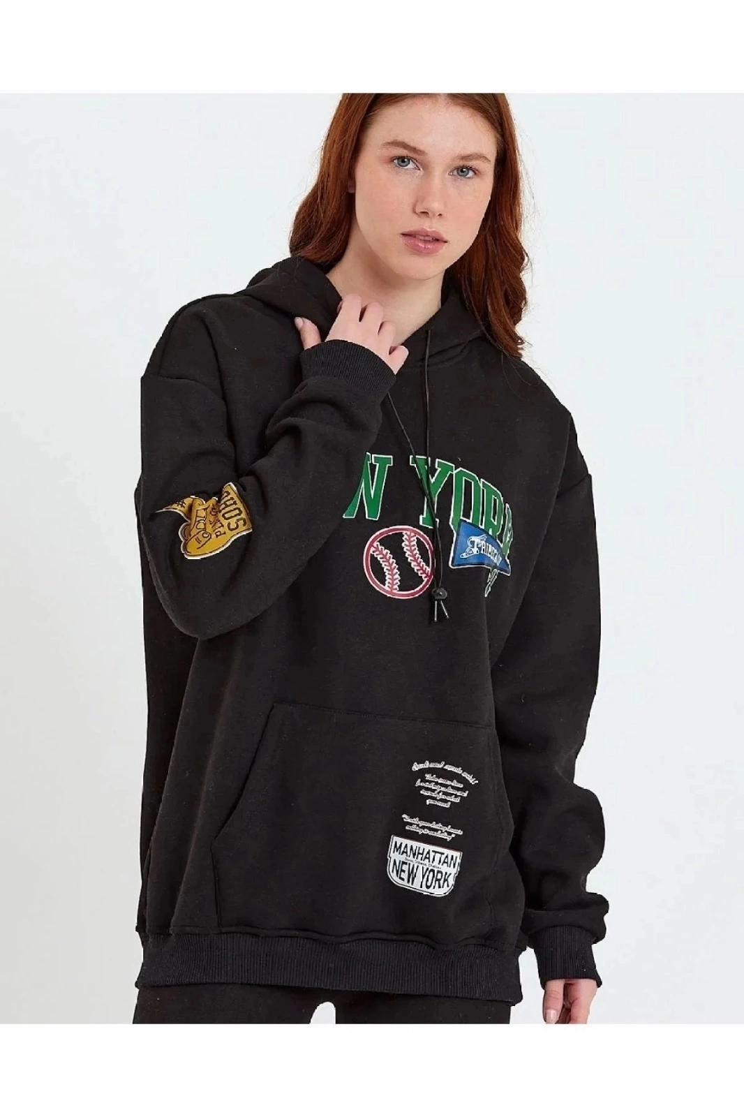 Kadın Baskılı Kapüşonlu  üç iplik pamuklu Sweatshirt - Siyah