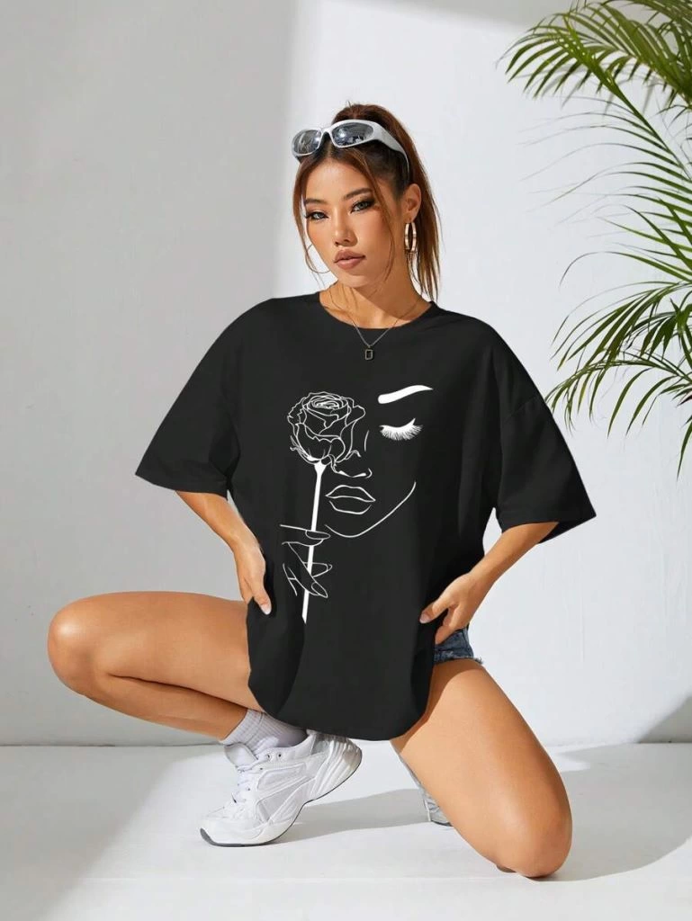 Kadın Baskılı Kısa kol  Oversize T-shirt - Siyah