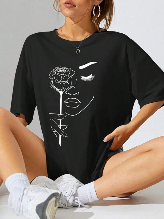 Kadın Baskılı Kısa kol  Oversize T-shirt - Siyah