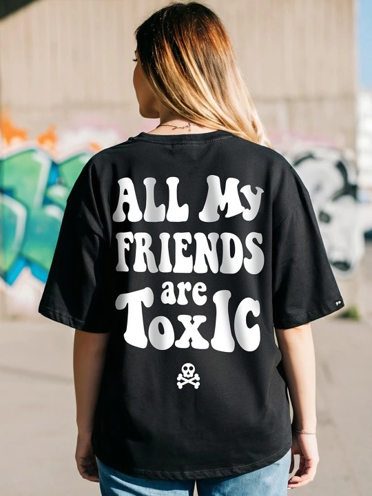 Kadın Baskılı Oversize Kısa kol  T-shirt - Siyah