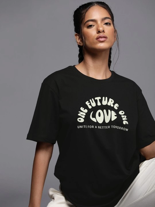 Kadın Baskılı T-Shirt Kısa Kol Bisiklet Yaka Ovarsize Rahat Kalıp Tişört -  Siyah