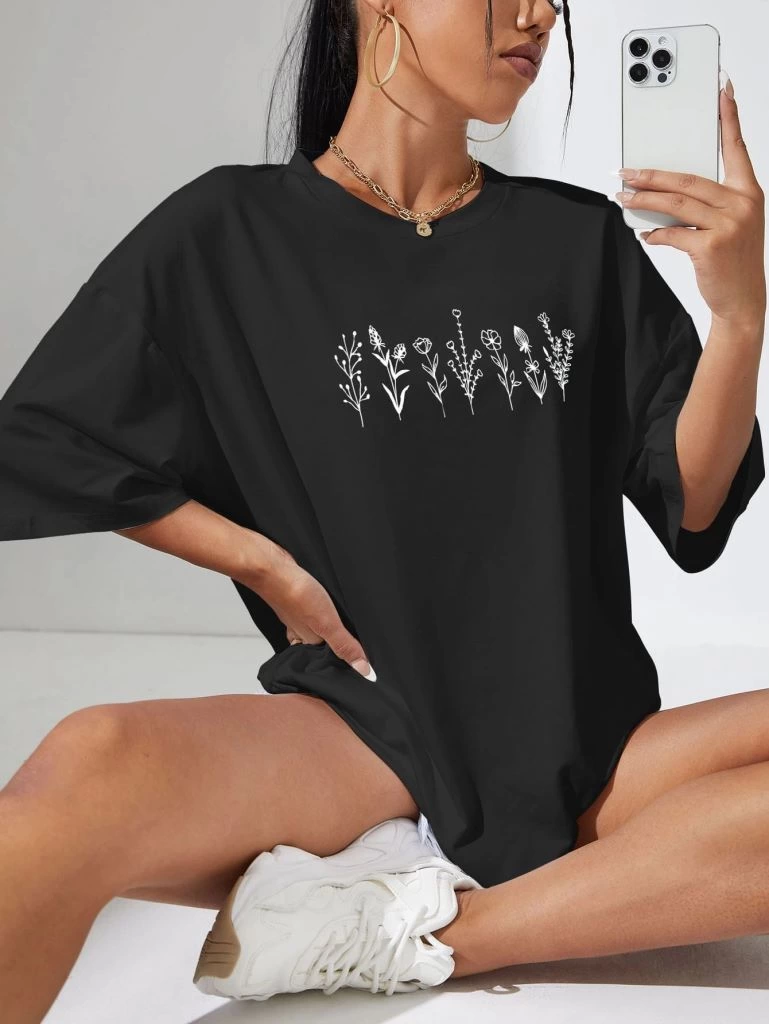 Kadın Baskılı Oversize Kısa kol  T-shirt - Siyah