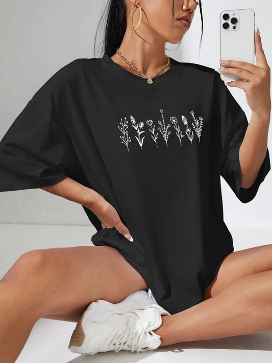 Kadın Baskılı Oversize Kısa kol  T-shirt - Siyah