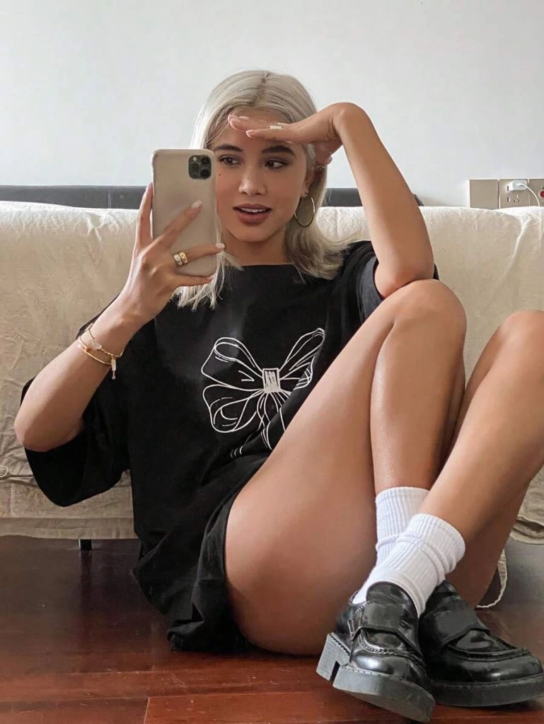 Kadın Baskılı Kısa kol Oversize T-shirt - Siyah