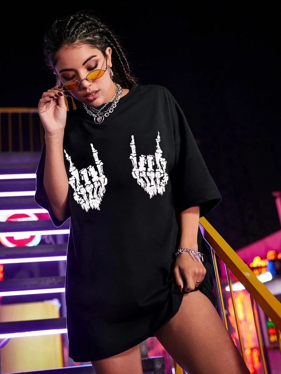 Kadın Baskılı T-Shirt Kısa Kol Bisiklet Yaka Ovarsize Rahat Kalıp Tişört -  Siyah