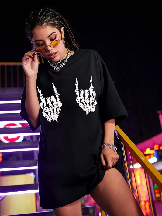 Kadın Baskılı T-Shirt Kısa Kol Bisiklet Yaka Ovarsize Rahat Kalıp Tişört -  Siyah