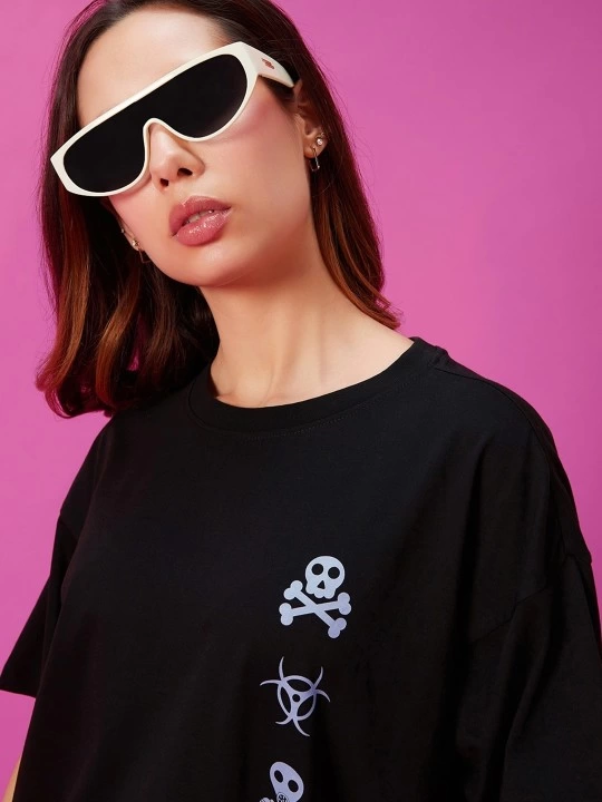 Kadın Baskılı Oversize Kısa kol  T-shirt - Siyah