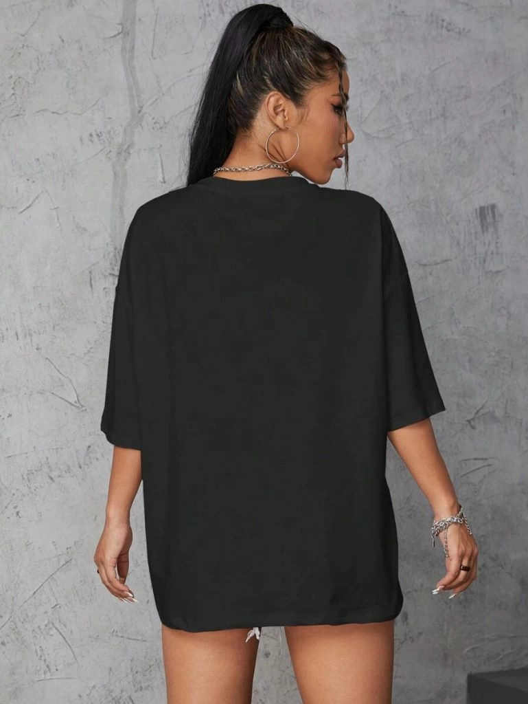 Kadın Baskılı Oversize Kısa kol  T-shirt - Siyah