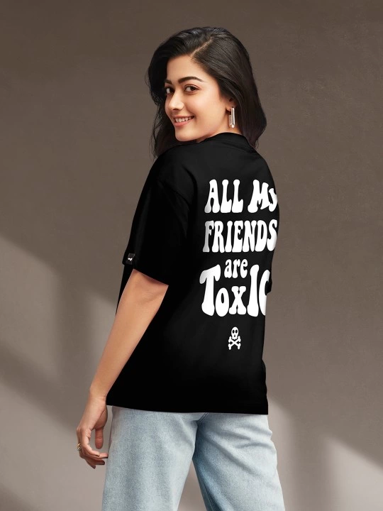 Kadın Baskılı Oversize Kısa kol  T-shirt - Siyah