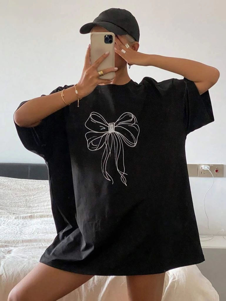 Kadın Baskılı Kısa kol Oversize T-shirt - Siyah