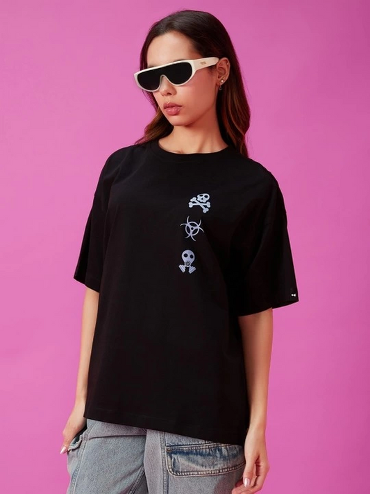 Kadın Baskılı Oversize Kısa kol  T-shirt - Siyah