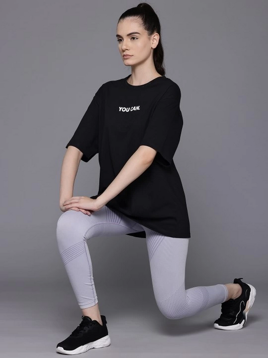 Kadın Baskılı T-Shirt Kısa Kol Bisiklet Yaka Ovarsize Rahat Kalıp Tişört -  Siyah
