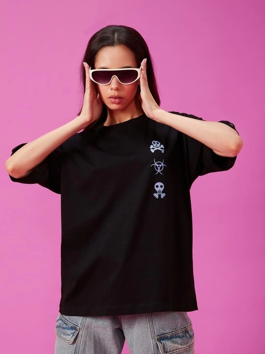 Kadın Baskılı Oversize Kısa kol  T-shirt - Siyah