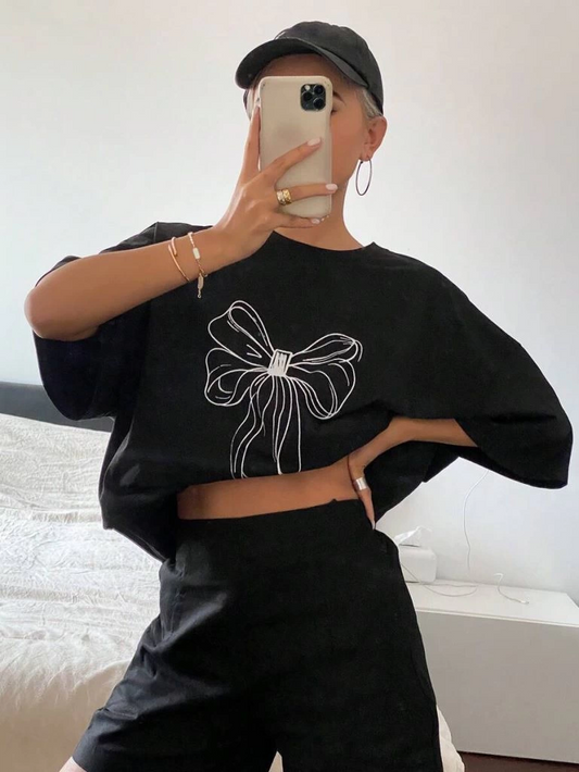 Kadın Baskılı Kısa kol Oversize T-shirt - Siyah