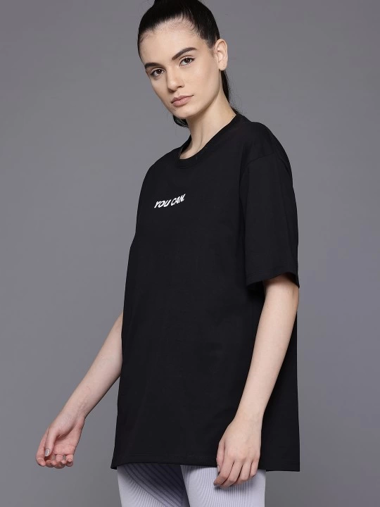 Kadın Baskılı T-Shirt Kısa Kol Bisiklet Yaka Ovarsize Rahat Kalıp Tişört -  Siyah